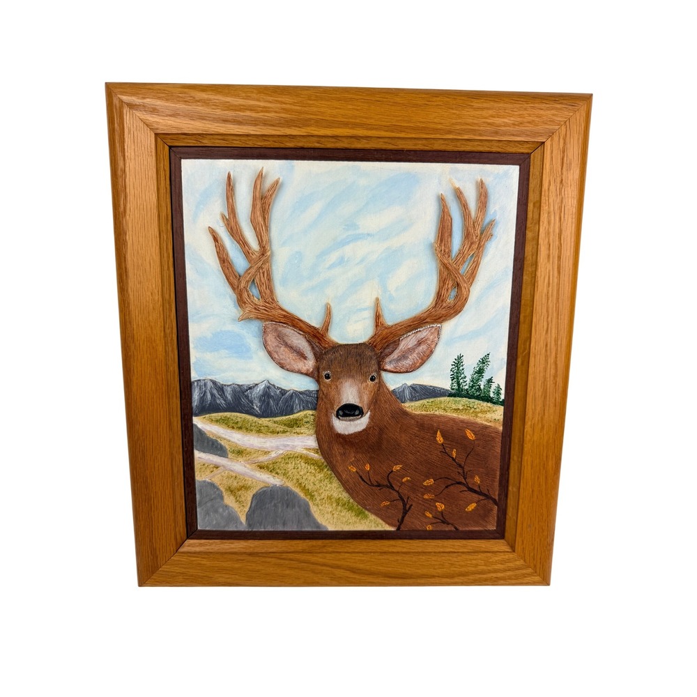 Ponte-Corvo 1998 Handcrafted 3D Deer Buck Relief Sculpture Framed Oak Art